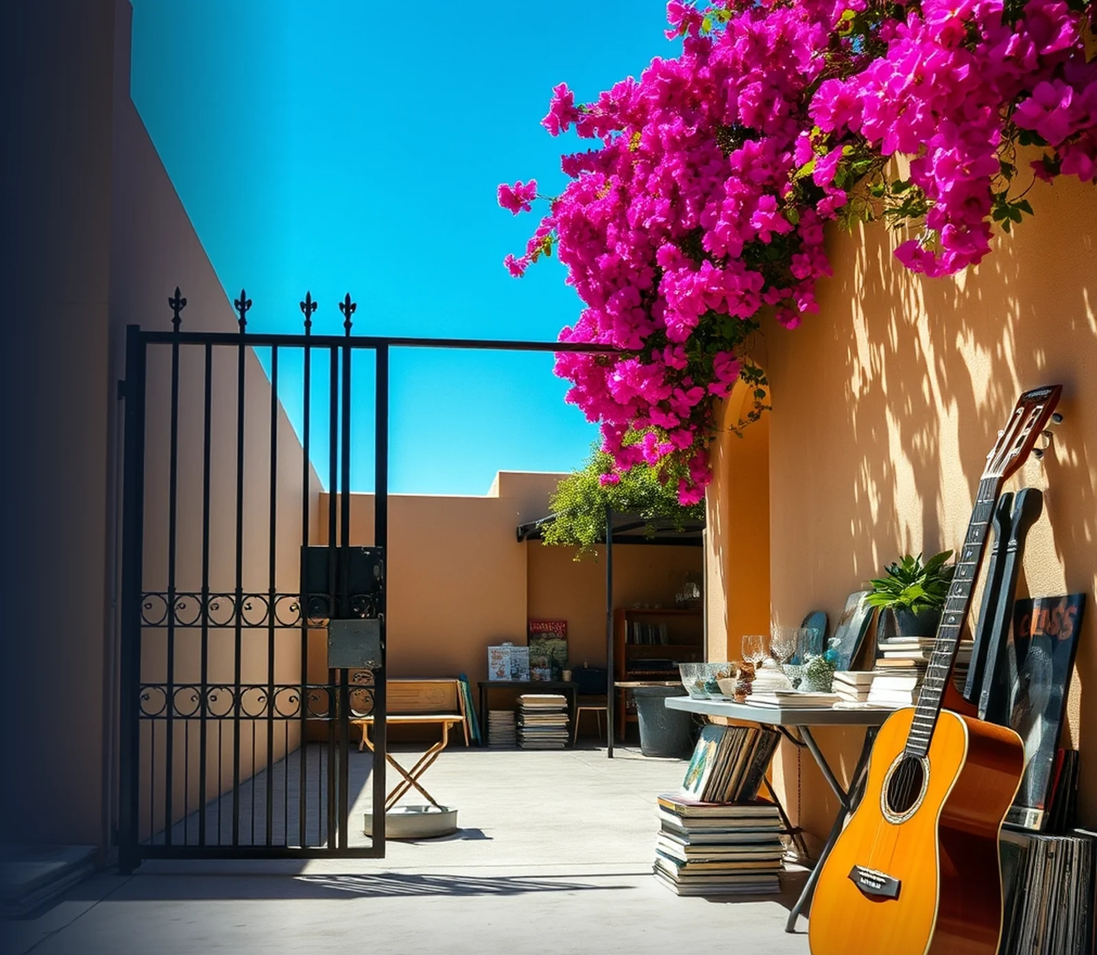Garage de ejemplo: una guitarra junto a bugambilias